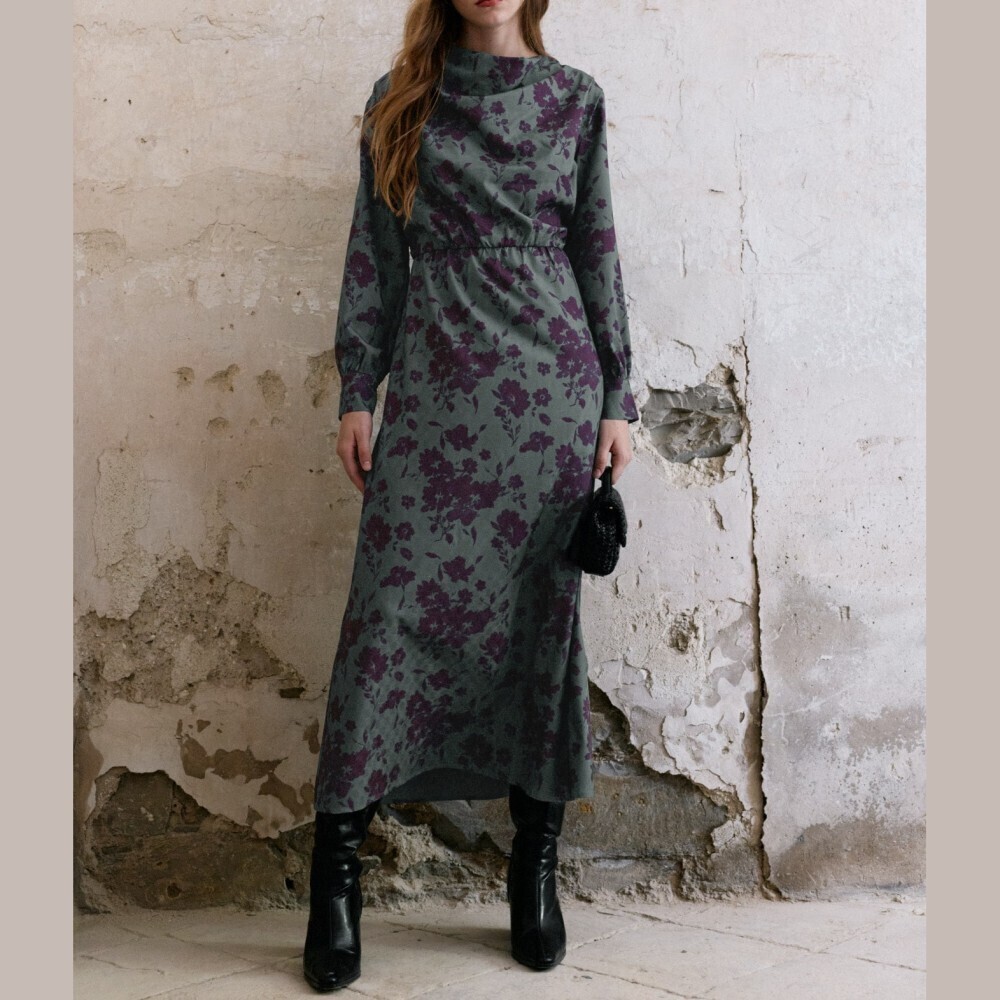 Mute Sage Green / Plum Purple Floral Long Sleeve Maxi Dress w/ Cowl Collar